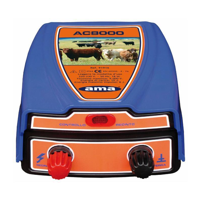 Electric fence unit AMA AC8000 voltage supply 230V, maximum fence lenght 40 Km, stored energy 10 Joule.