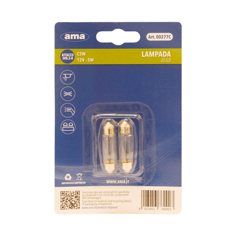 Lampadina alogena 12V 5W C5W SV8.5-8 11x39. Blister 2 pz