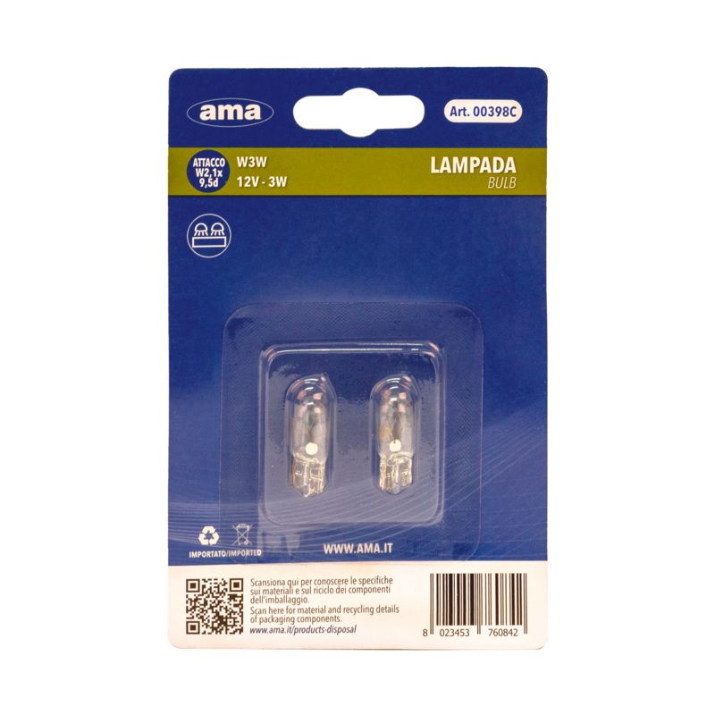 Lampadina alogena W3W 12V 3W W2,1x9,5d. Blister 2 pz