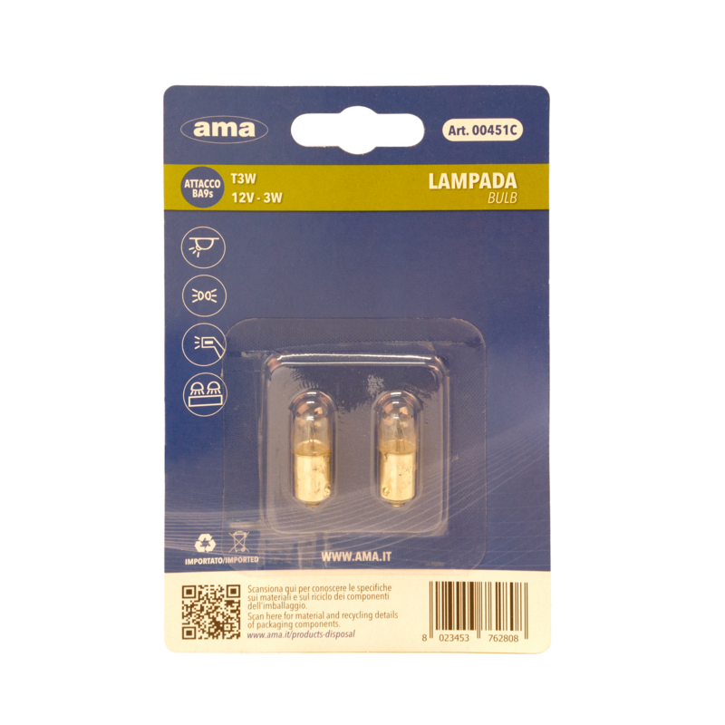 Lampadina alogena T3W 12V 3W BA9s. Blister 2 pz