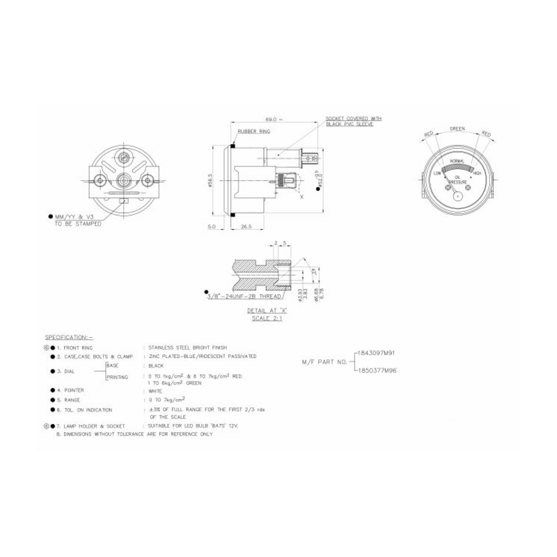 MANOMETRO PRESSIONE OLIO MOTORE MECCANICO FILETTO FEMMINA 3/8 UNF  0-7 BAR