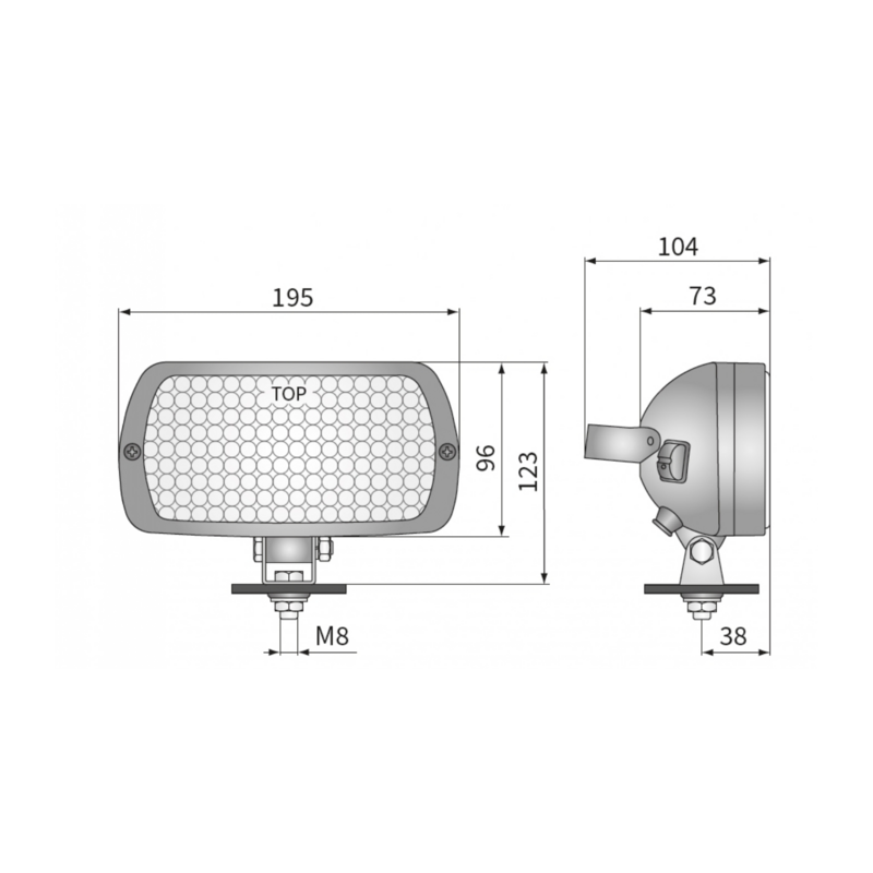 Faro alogeno rettangolare con interruttore ON/OFF, maniglia posteriore e griglia di protezione