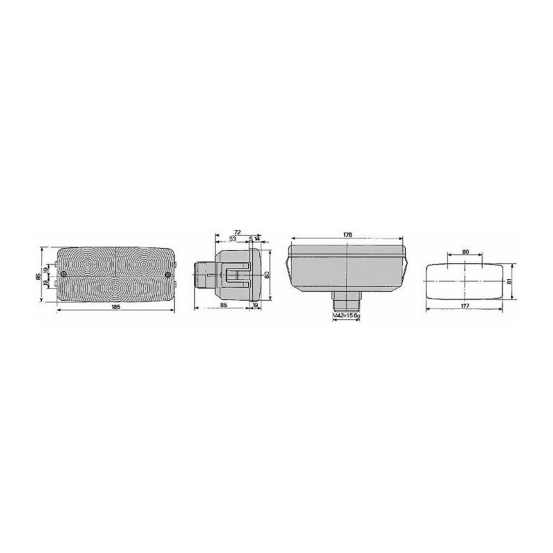 Fanale posteriore alogeno sx 185x85x85 mm, interasse di foratura 177x81 mm.