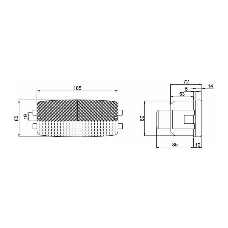 Fanale posteriore alogeno dx 185x85x85 mm, interasse di foratura 177x81 mm. Funzioni: