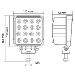 Faro lavoro a LED quadrato 110x110 mm, 10-30V, 48W, 3200LM, 16 LED, ampio raggio