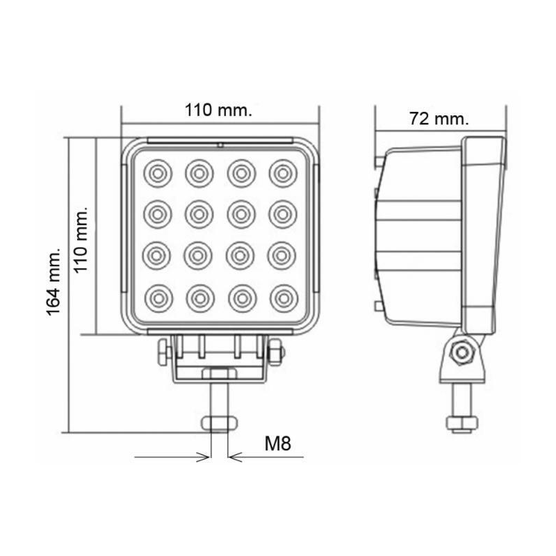 Faro lavoro a LED quadrato 110x110 mm, 10-30V, 48W, 3200LM, 16 LED, ampio raggio