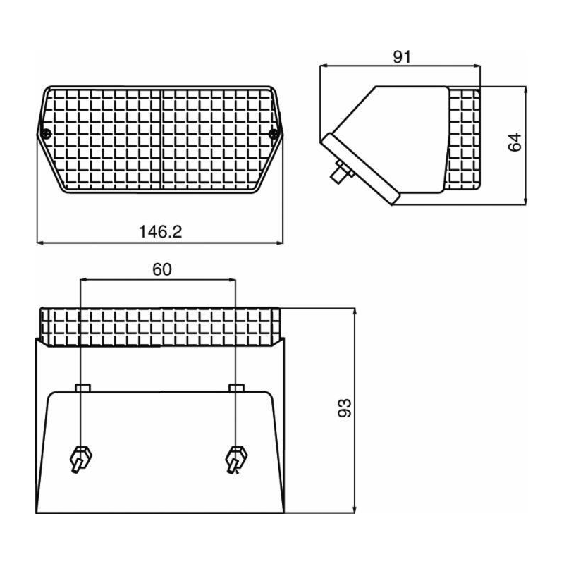 Fanale posteriore alogeno sx 146,2x93x64 mm, interasse di foratura 60 mm.