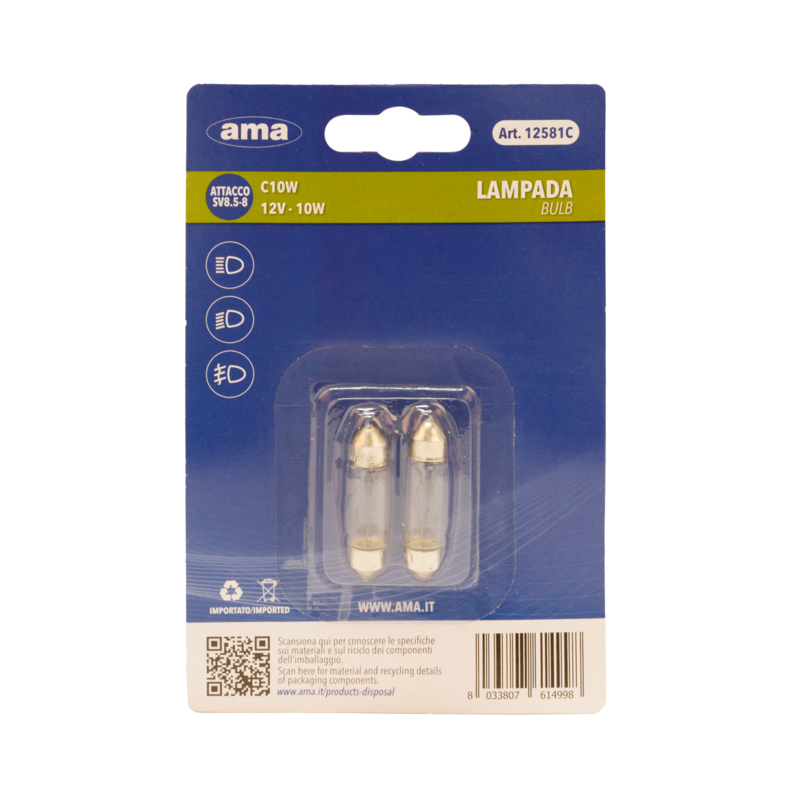 Lampadina alogena C10W 12V 10W SV8,5-8. Blister 2 pz