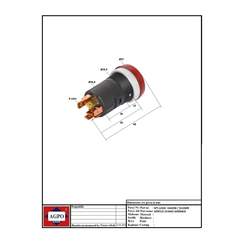 PULSANTE LUMINOSO D'EMERGENZA ROSSO 12V  COMPATIBILE NH 5122659