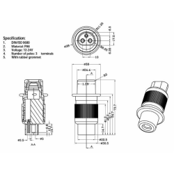 Spina 3 poli 12-24V in plastica con cappuccio