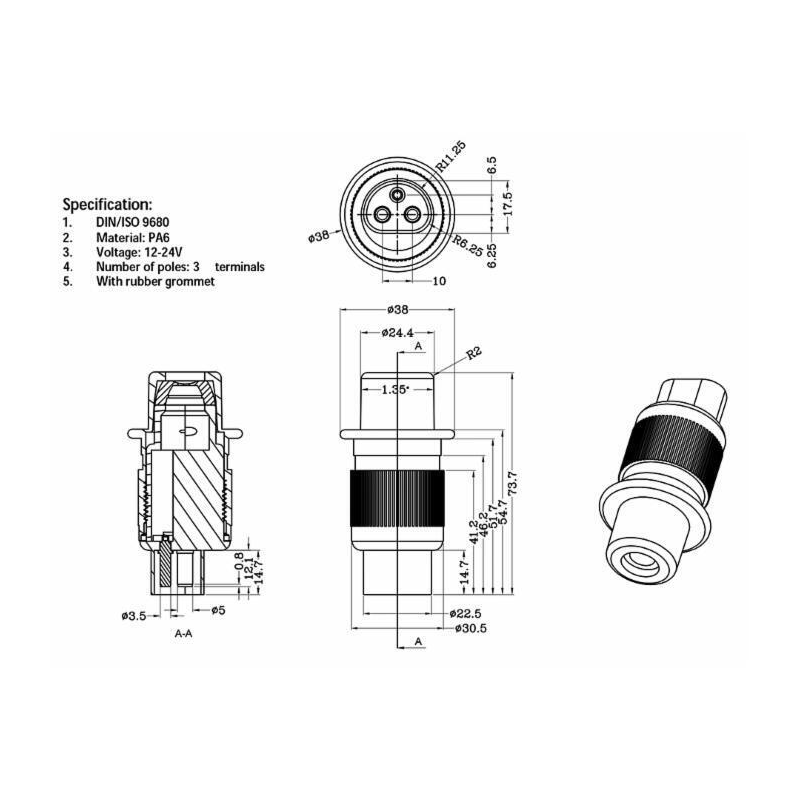 Spina 3 poli 12-24V in plastica con cappuccio