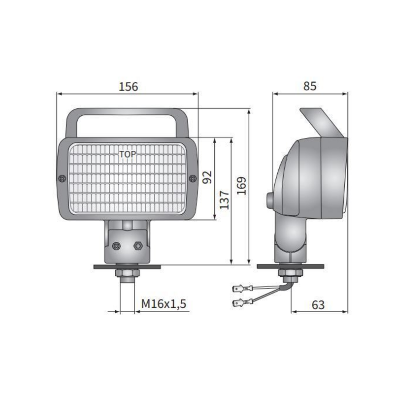Faro lavoro alogeno rettangolare 156x85x92 mm con interruttore ON/OFF e maniglia