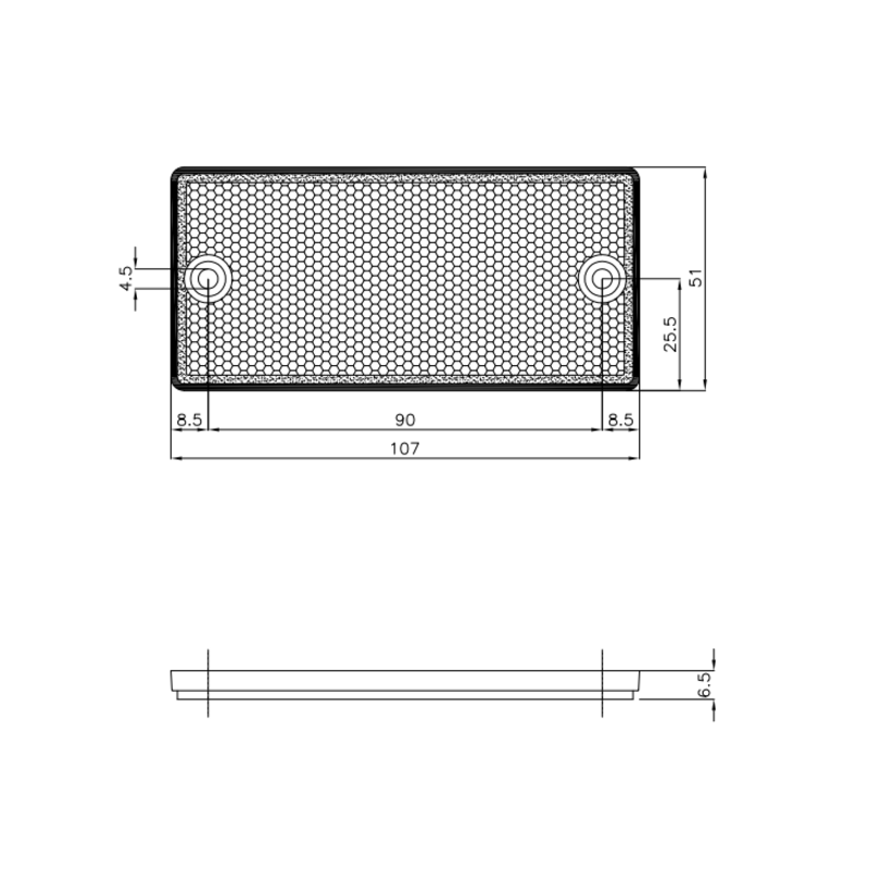 Catarifrangente rosso 107×51 mm con 2 fori Ø 4 mm di fissaggio