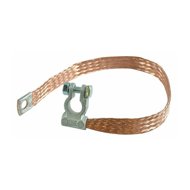 TRECCIA DI MASSA CON MORSETTO BATTERIA POLARITA' NEGATIVA, SEZIONE 50 MM², LUNGHEZZA 500 MM, OCCHIELLO Ø 12,5 MM