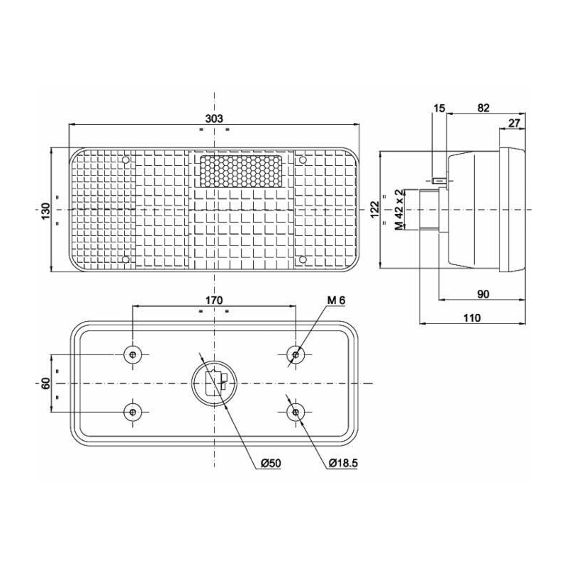 Fanale posteriore alogeno sx 303x82x130 mm.