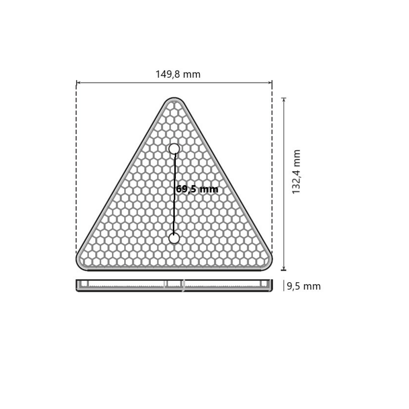 Catarifrangente triangolare rosso 154×136 mm con fori di fissaggio