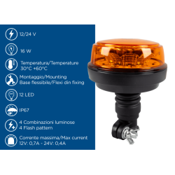 Lampeggiante a led base flessibile 12-24V, IP66, 8 LED, 12W