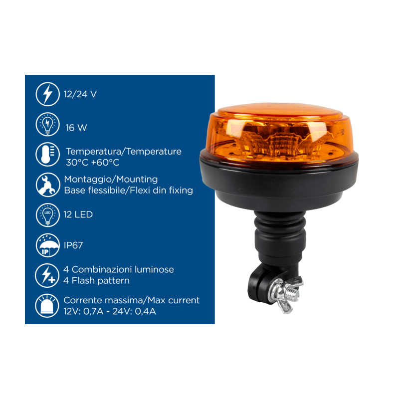 Lampeggiante a led base flessibile 12-24V, IP66, 8 LED, 12W
