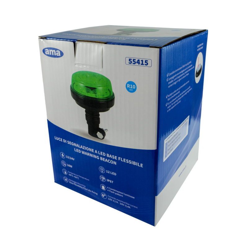 Lampeggiante con calotta e led verde, base flessibile 12-24V, IP66, 8 LED, 12W