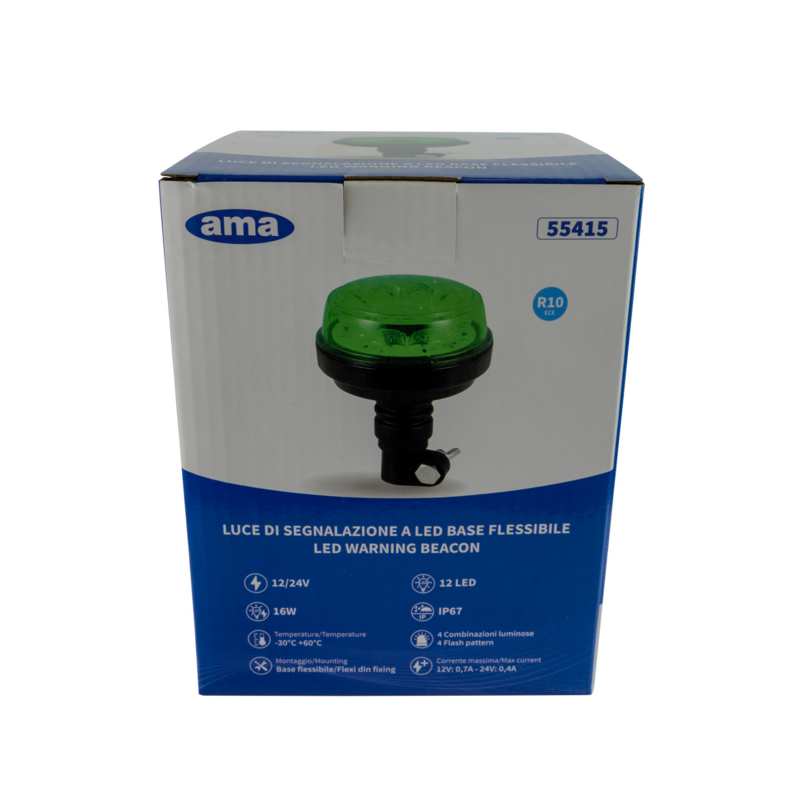 Lampeggiante con calotta e led verde, base flessibile 12-24V, IP66, 8 LED, 12W