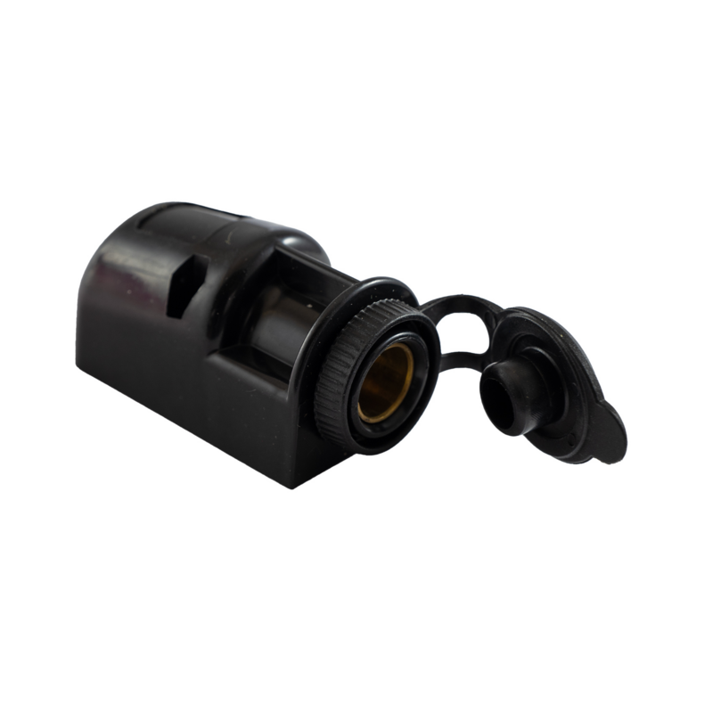 Presa bipolare 12V in plastica, con due fori di fissaggio.