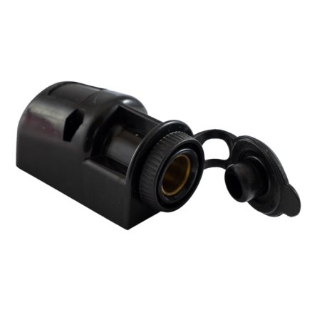 Presa bipolare 12V in plastica, con due fori di fissaggio.