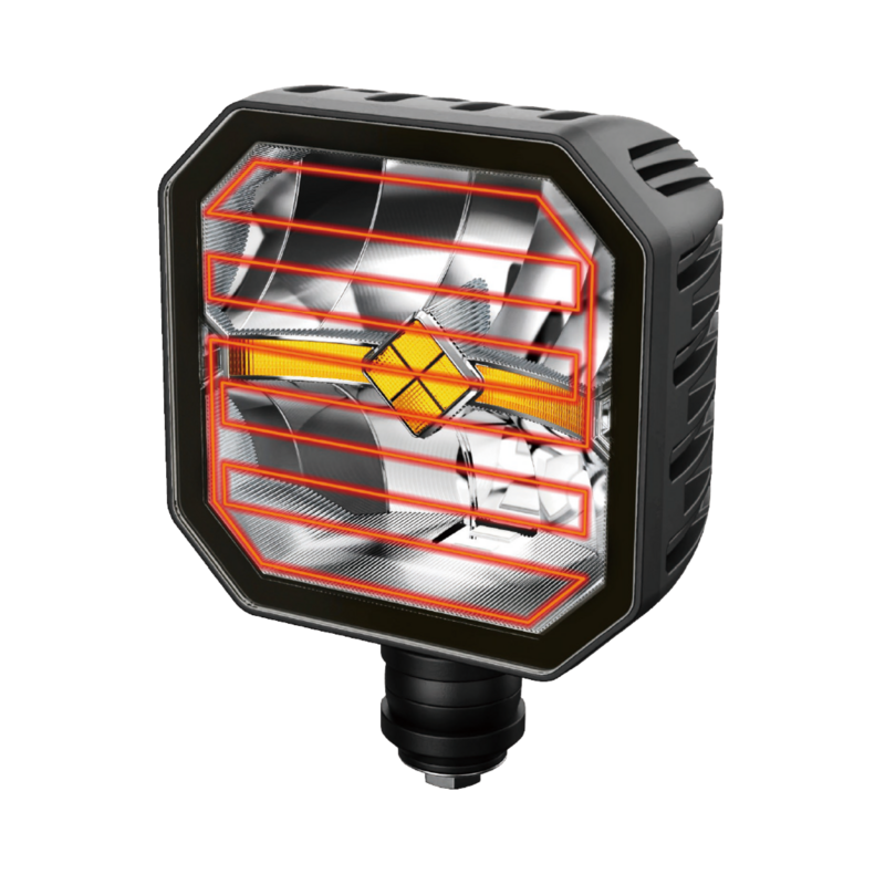 Proiettore a LED con freccia movibile e lente riscaldata