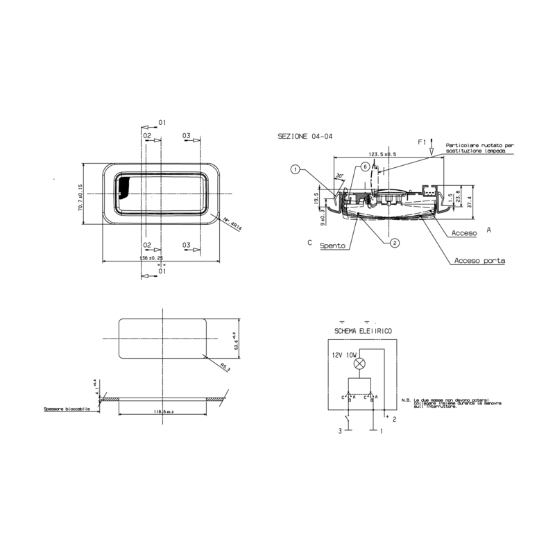 Plafoniera interno cabina alogena 136x37,4x70,7 mm
