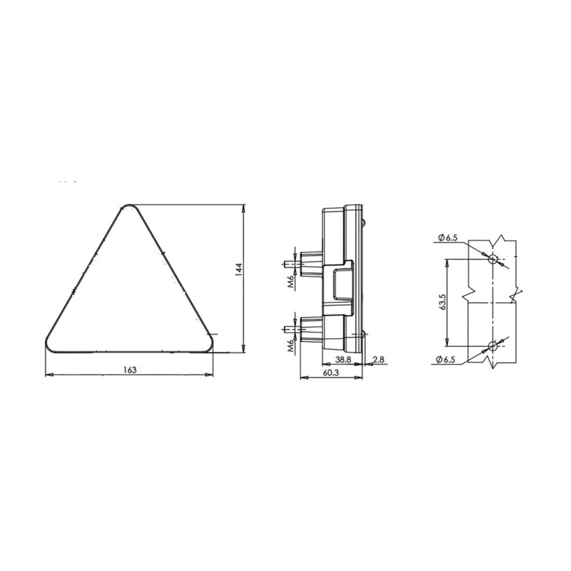 Fanale posteriore LED lato sinistro 12-24V triangolare 163x38,8x144 mm.