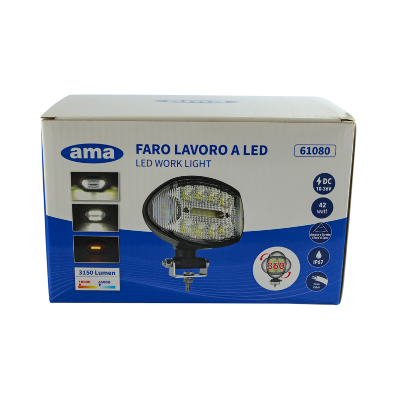 Faro da lavoro a LED ovale 10-36V DC, 42W, 3150LM, con rotazione 360°, 8 LED bianchi e 6 LED arancioni, raggio luce ampio e lun