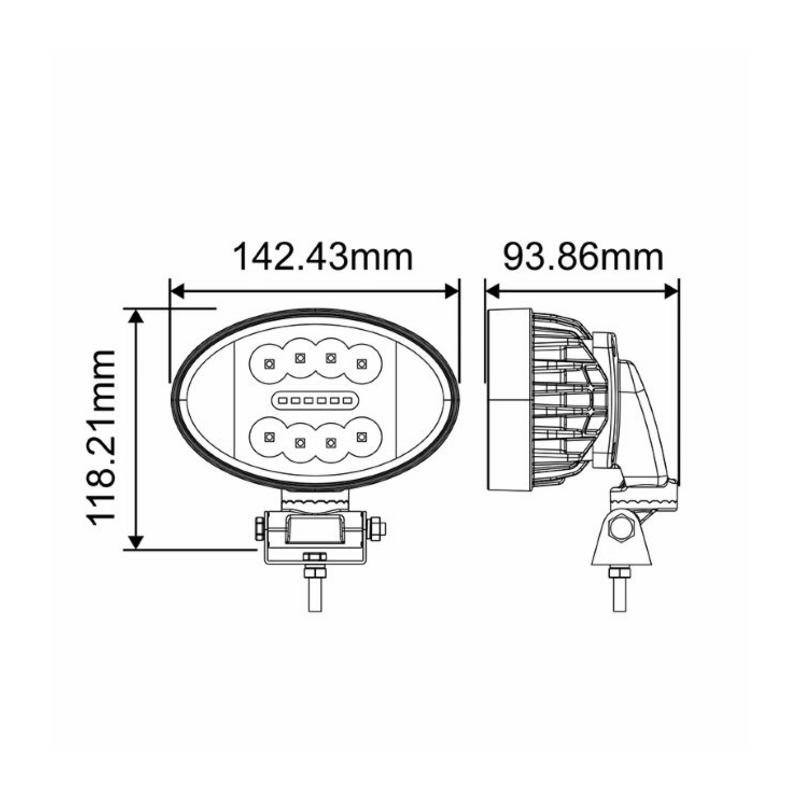 Faro da lavoro a LED ovale 10-36V DC, 42W, 3150LM, con rotazione 360°, 8 LED bianchi e 6 LED arancioni, raggio luce ampio e lun