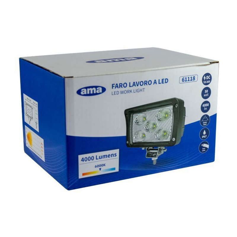 Faro lavoro led rettangolare 10-36V DC, 50W, 4000LM, raggio ampio/largo, 5 LED