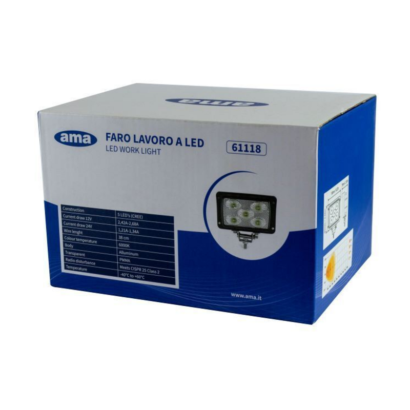 Faro lavoro led rettangolare 10-36V DC, 50W, 4000LM, raggio ampio/largo, 5 LED