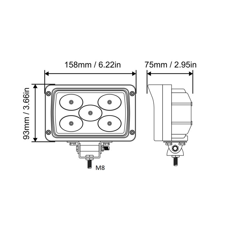 Faro lavoro led rettangolare 10-36V DC, 50W, 4000LM, raggio ampio/largo, 5 LED