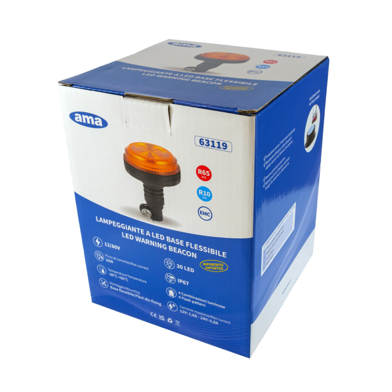 Lampeggiante a LED 12-24V, base ad asta flessibile, 30 LED, IP67