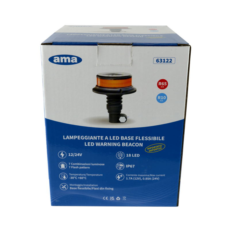 Lampeggiante a LED 12-24V, base ad asta flessibile, 18 LED, IP67