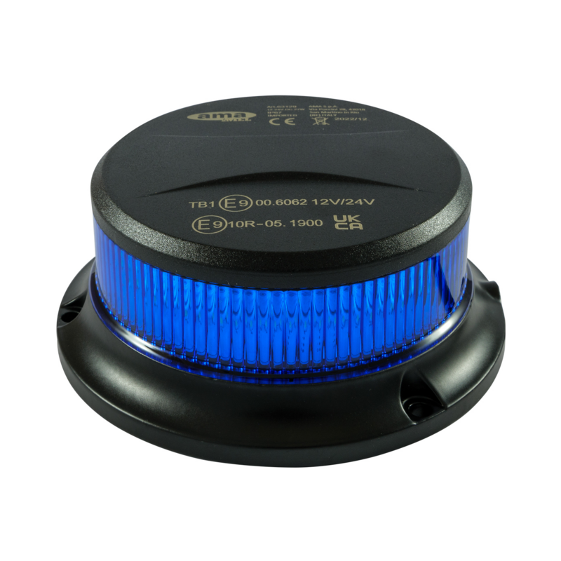 Lampeggiante con LED e calotta blu 12-24V, base magnetica, 18 LED, IP67.
