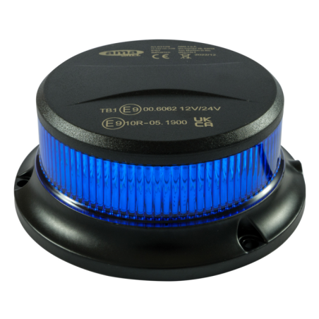 Lampeggiante con LED e calotta blu 12-24V, base magnetica, 18 LED, IP67.