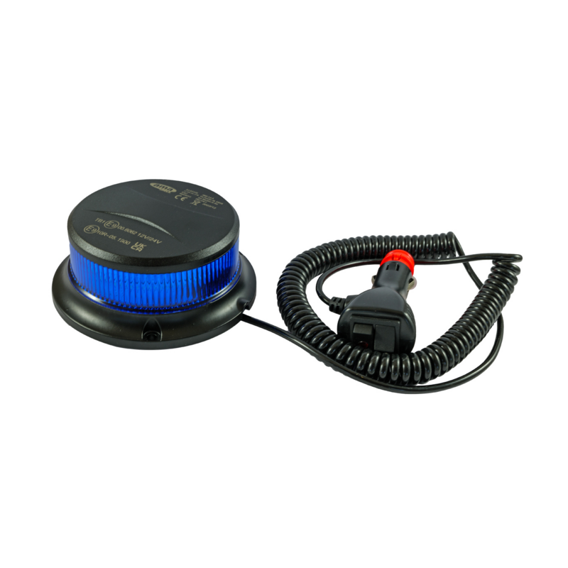 Lampeggiante con LED e calotta blu 12-24V, base magnetica, 18 LED, IP67.