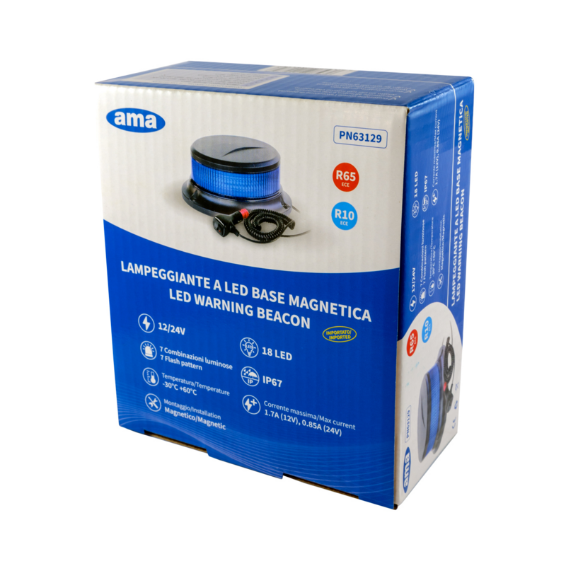 Lampeggiante con LED e calotta blu 12-24V, base magnetica, 18 LED, IP67.