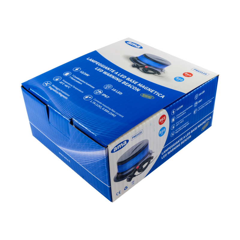 Lampeggiante con LED e calotta blu 12-24V, base magnetica, 18 LED, IP67.