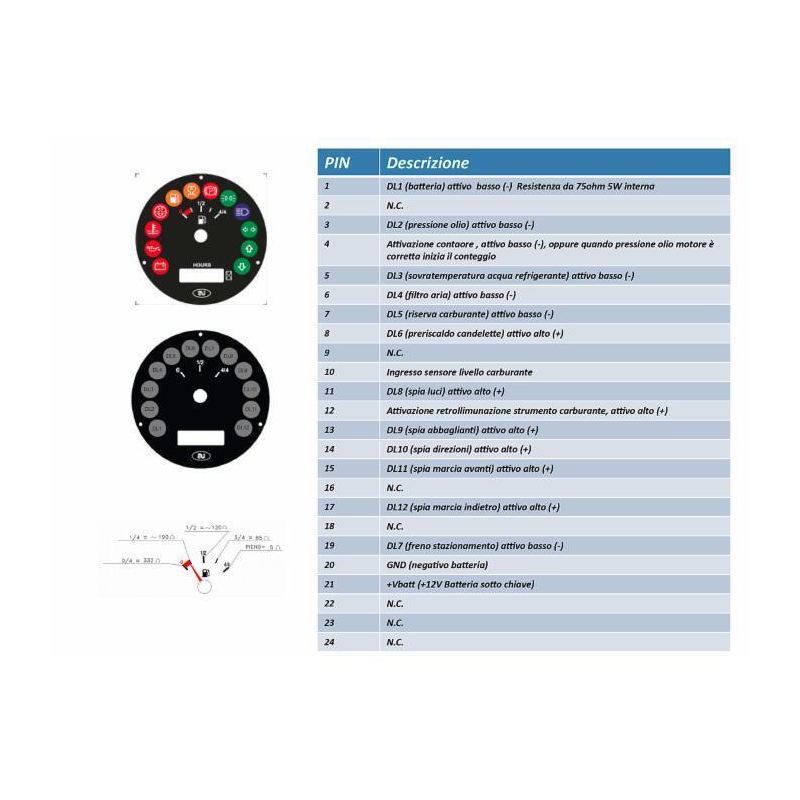 STRUMENTO ANALOGICO E DIGITALE CON 12 SPIE, STRUMENTO LIVELLO CARBURANTE E CONTAORE 9-30V
