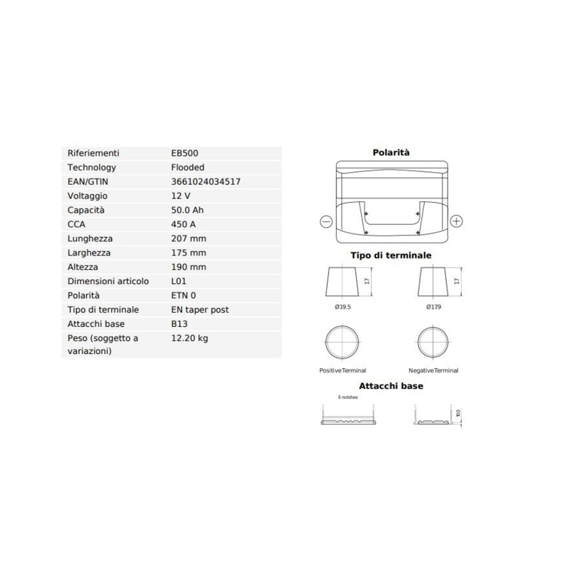 BATTERIA 50AH,450A,207X175X190 DX