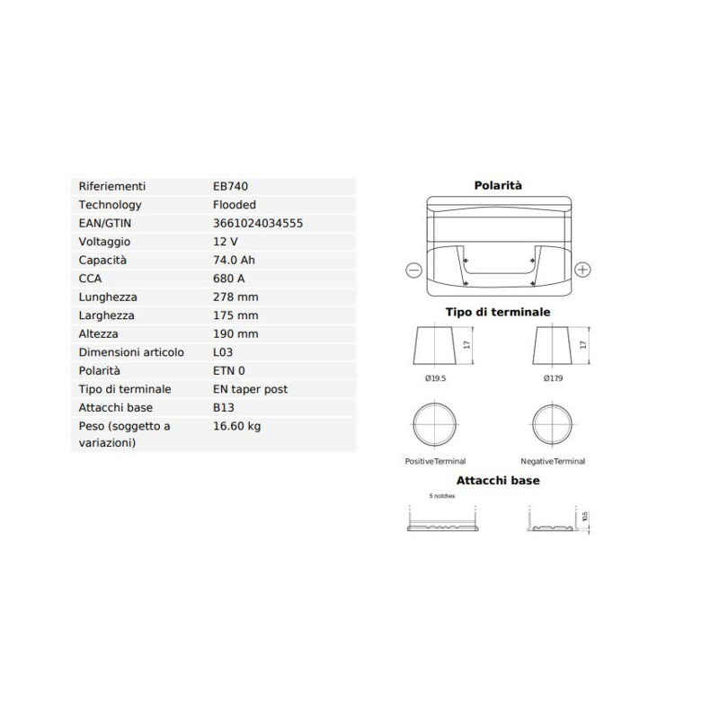 BATTERIA 74AH,680A,278X175X190 DX