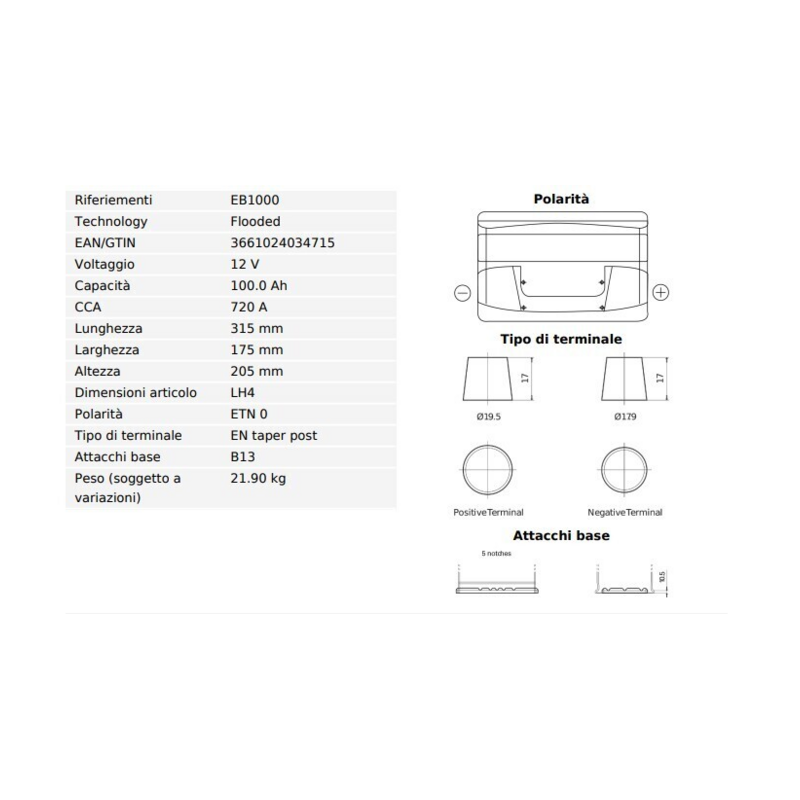 BATTERIA 100 AH, 720A, 315X175X205, DX
