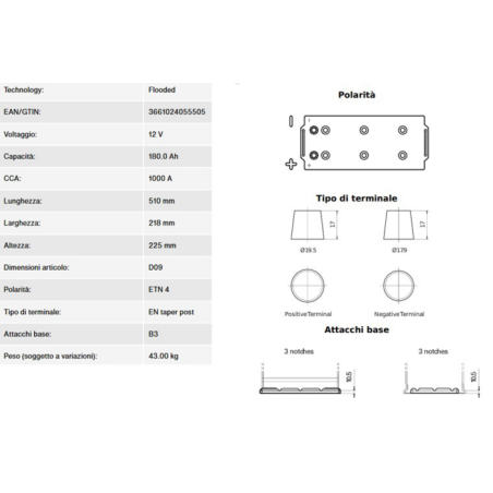 BATTERIA 180AH, 1000A, 510X218X225, DX