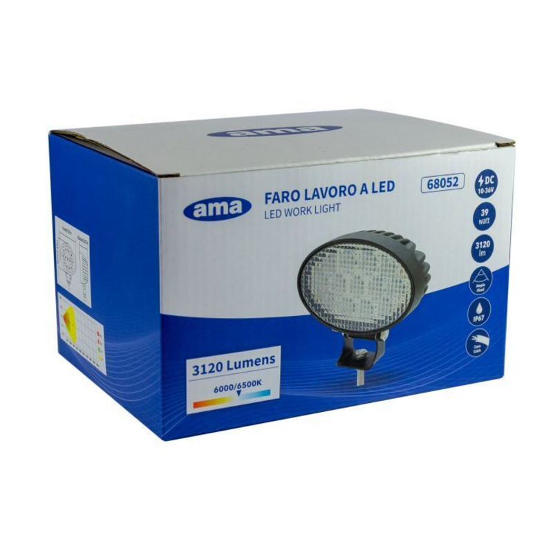 Faro lavoro led ovale 10-36V DC, 39W, 3120LM, 13 LED, raggio ampio/largo (90°)
