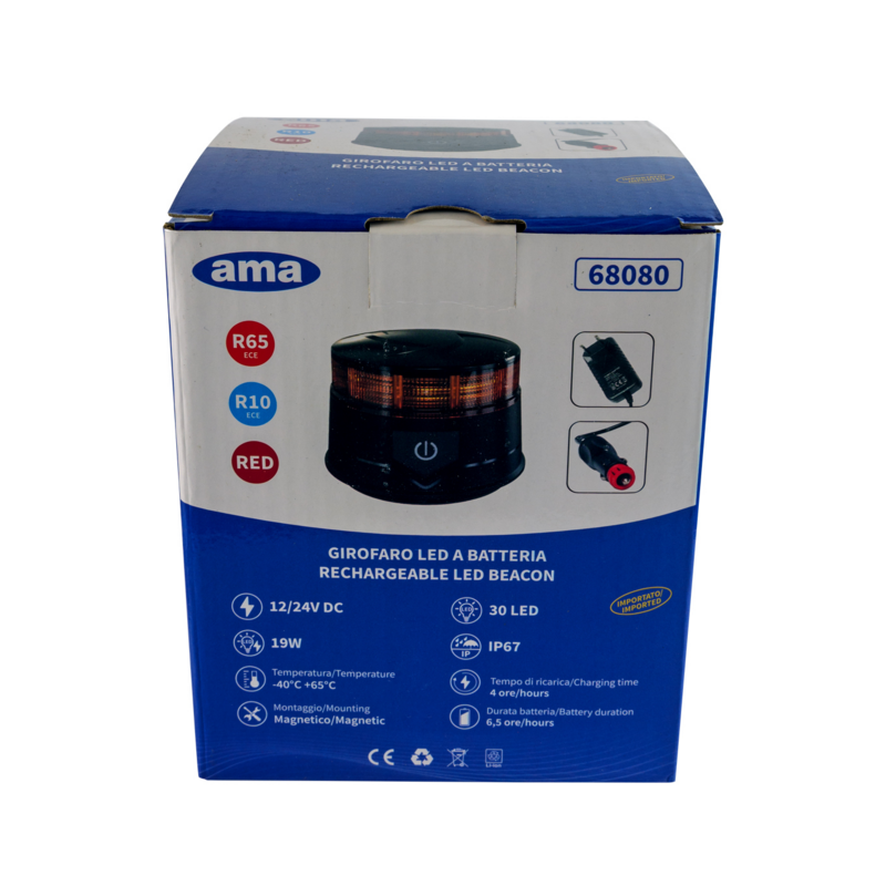 Lampeggiante magnetico LED a batteria 12-24V, 19W, IP67, 30 LED. Autonomia batteria 6,5 ore.