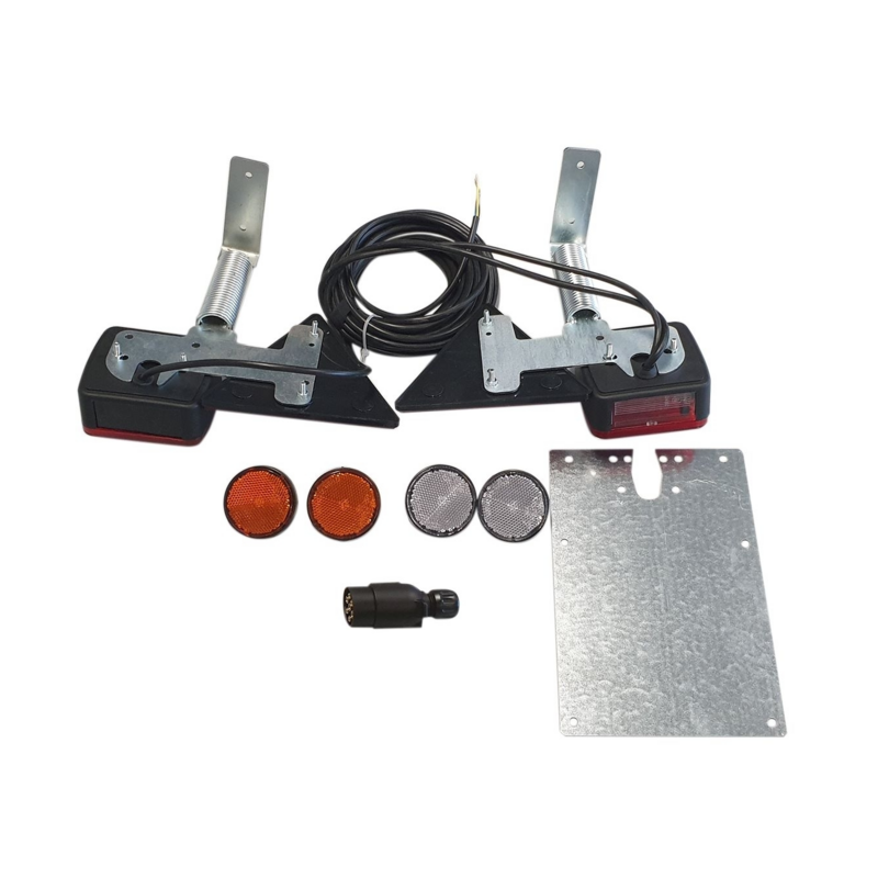 KIT LUCI POSETRIORI ALOGENE CON TRIANGOLI, PORTATARGA E STAFFE ORIZZONTALI RIBALTABILI A MOLLA, CAVI 7,5 M + 2,5 M