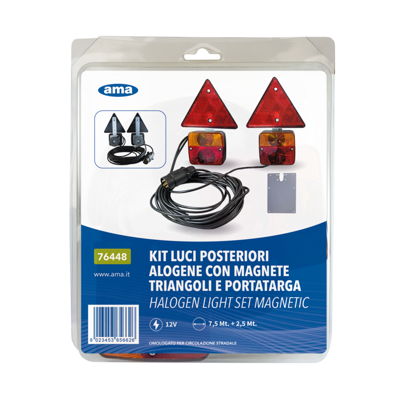 KIT LUCI POSTERIORI ALOGENE CON MAGNETE, TRIANGOLI E PORTATARGA, CAVI 7,5 M + 2,5 M